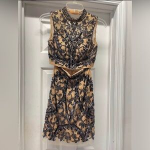 Sherri Hill Black and Tan Two-Piece Mini Dress